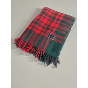 Vintage “All Wool” Blanket Tartan Plaid Stadium Fringed Made Britain Red Green
